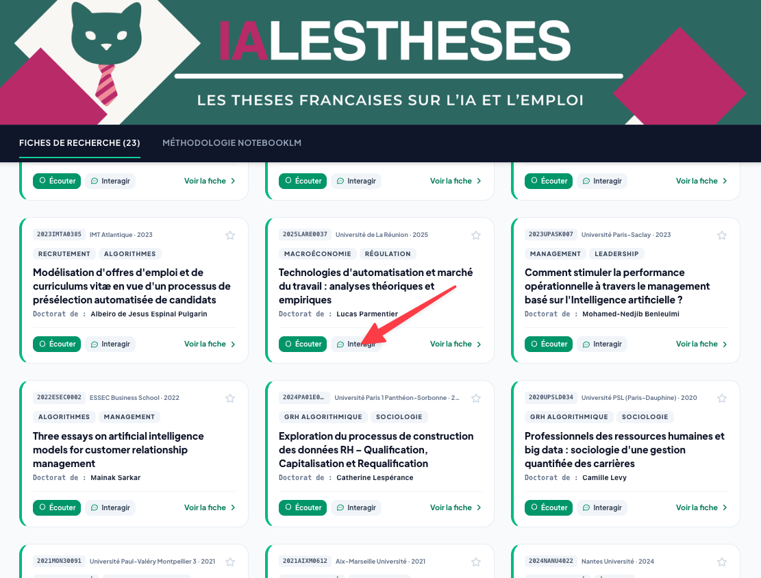 Page d'accueil IALESTHESES, le bouton Interagir sur chaque fiche de thèse