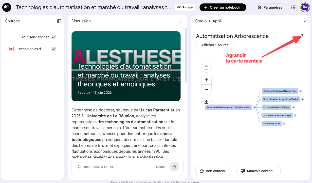 La carte mentale de la thèse, bouton Agrandir la carte mentale